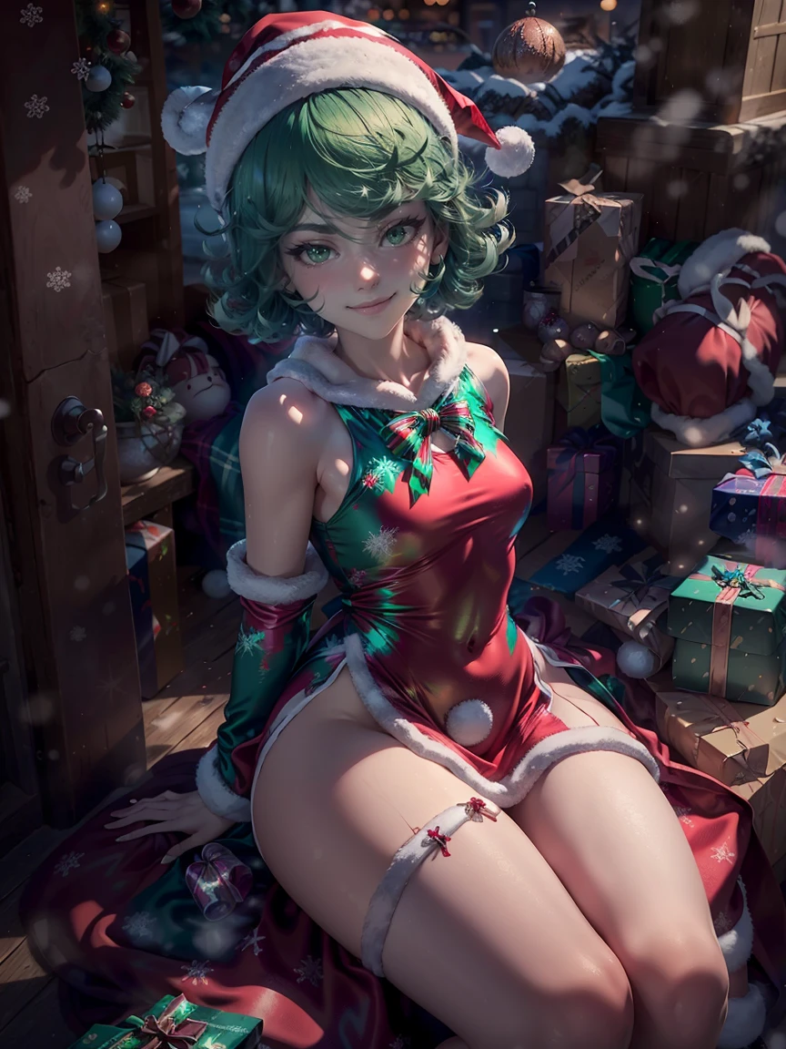 (master piece: 1.1), (tatsumaki), detailed face, (detailed green eyes), green hair, embarassed, short hair, reddress, slim body, fullbody, cowboy shot, shy, anime character, (christmas costume), handless, arms at side body, sitted, christmas clothes, smiling, ((wearing santa hat)), detailed santa hat, christmas set background