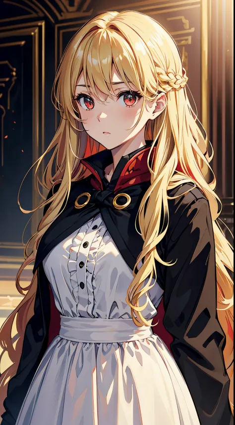 topquality、Outstanding picture quality、tmasterpiece、middle-aged girl((Medium bust,beautiful red color eyes,blond long hair、well-proportioned、black coat)）hiquality、Beautiful art、Background from))Thoughtful design、visual art、Depth of field、better lighting、極端...