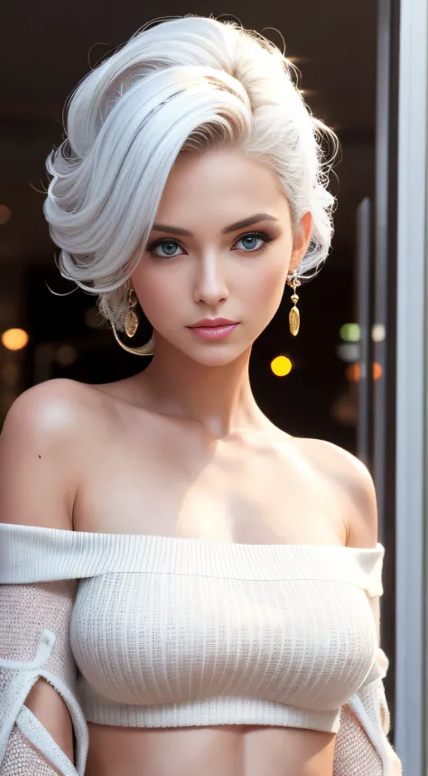 woman, A fashion model, Wear an off-the-shoulder top, Glamour, paparazzi taking pictures of her, White hair, Brown eyes, 8K, High quality, Masterpiece, Best quality,G-cup， HD, Extremely detailed, voluminetric lighting, Photorealistic