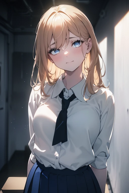 (Obra maestra, La mejor calidad, ultrahigh resolution), 1girl, standing, school uniform, white office shirt, black pleated skirt, ((light brown, light brown hair:0.7), long hair cut, pale skin, ((blue eyes)), glowing_eyes, neon eyes, (ultra detailed eyes, beautiful and detailed face, detailed eyes), ((centered)), smile, ((wide shot)), facing viewer, eye level, (blurry background, bright snowy background, winter), flat chested, looking at viewer, ((half closed eyes)), ((perfect hands)), (((head, arms, hips, elbows, in view))), ((hands behind back)), empty eyes, beautiful lighting, outside, outdoors, background, defined subject, 25 years old, (head tilt)