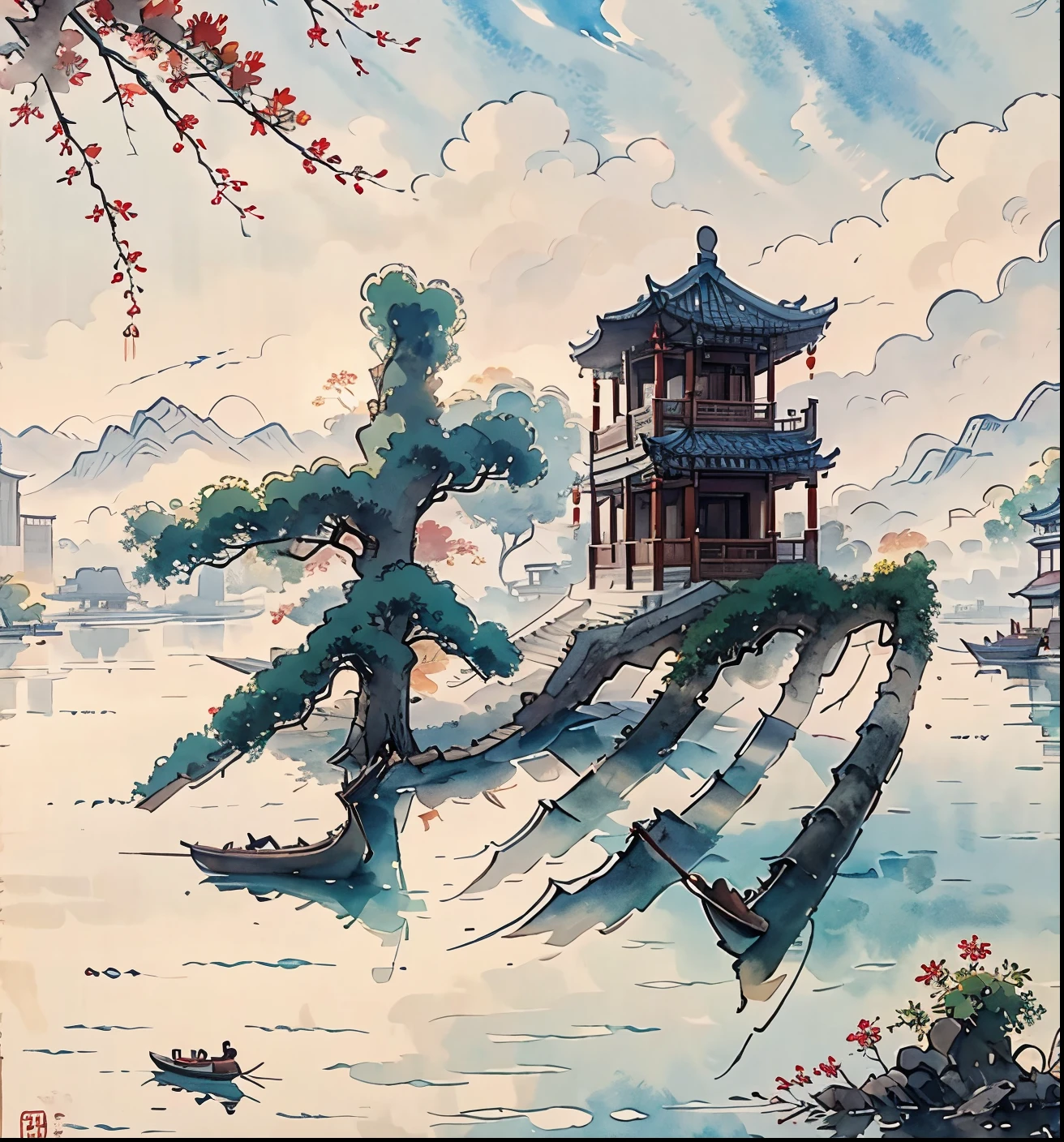 (best quality,4k,8k,highres,masterpiece:1.2),ultra-detailed,realistic:1.37,stunning reflection,beautiful tower and building,detailed pavilion,various trees, clouds, green trees, maple trees, red trees, small stones, little birds, traditional Chinese architectural complex on a solitary island, Chinese-style watercolor painting, Chinese landscape, traditional Chinese watercolor painting, Chinese painting, watercolor 8K, clear boundaries between light and shadow, beautiful lighting, masterpieces, superb details, epic artwork, ultra-high definition, high quality, official art, unified 8k wallpaper, super detailed