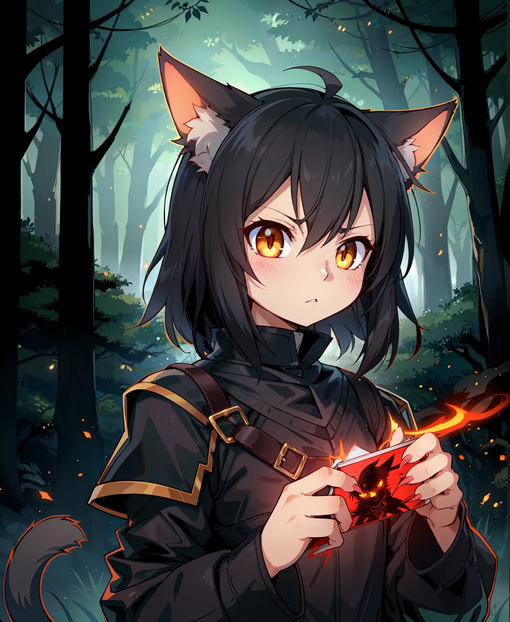 anime style, human, 1girl, cat girl, (black hair), (golden eyes), cat ears, cat tail, dark forest setting, detailed background, (grimdark atmosphere), knight armor, (sinister looking), (sharp claws), (intense expression), masterpiece, (by ryohei hase), (by hews hack), (by tinkle), anime absurdres illustration, drawing, (lineart:0.6), (superflat, flat shading, flat colors:1.1), (vibrant colors:1.1)