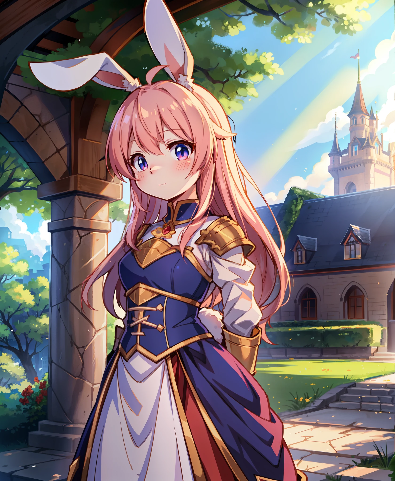 outdoor, castle courtyard, tall stone walls, detailed background, knight bunny girl, (armor with bunny-themed embellishments), standing tall and proud, bunny ears perched on her head, anime-style, expressive eyes, (by tatsuya himura), (by niji walkure:0.9), (by necoco), (by vempire), sunlight filtering through the trees, giving her a radiant glow, masterpiece