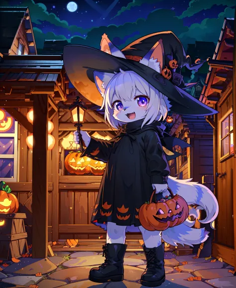 1girl, solo, witch hat, halloween, halloween theme, jack o lantern, child, :D, candy bag, standing, in front of a house, full body, night, boots, (best quality, masterpiece, illustration, ultra-detailed:1.3), (uploaded on e621, furry, anthro, kemono:1.3),