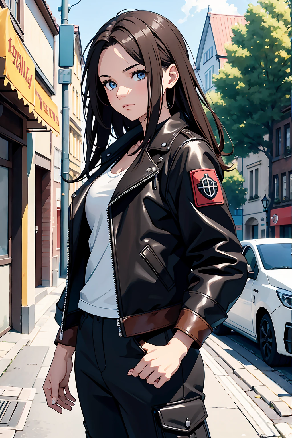 Meisterwerk, Atemberaubend realistisch, fotorealistisch, 12K-UHD, best quality, Sharpness, scharfes Gesicht,1 girl,brown hair,hazel eyes,middle long hair,messy hair,tanktop,leather jacket,cargopants,arms behind back,stehend in einer stadt mit palmen