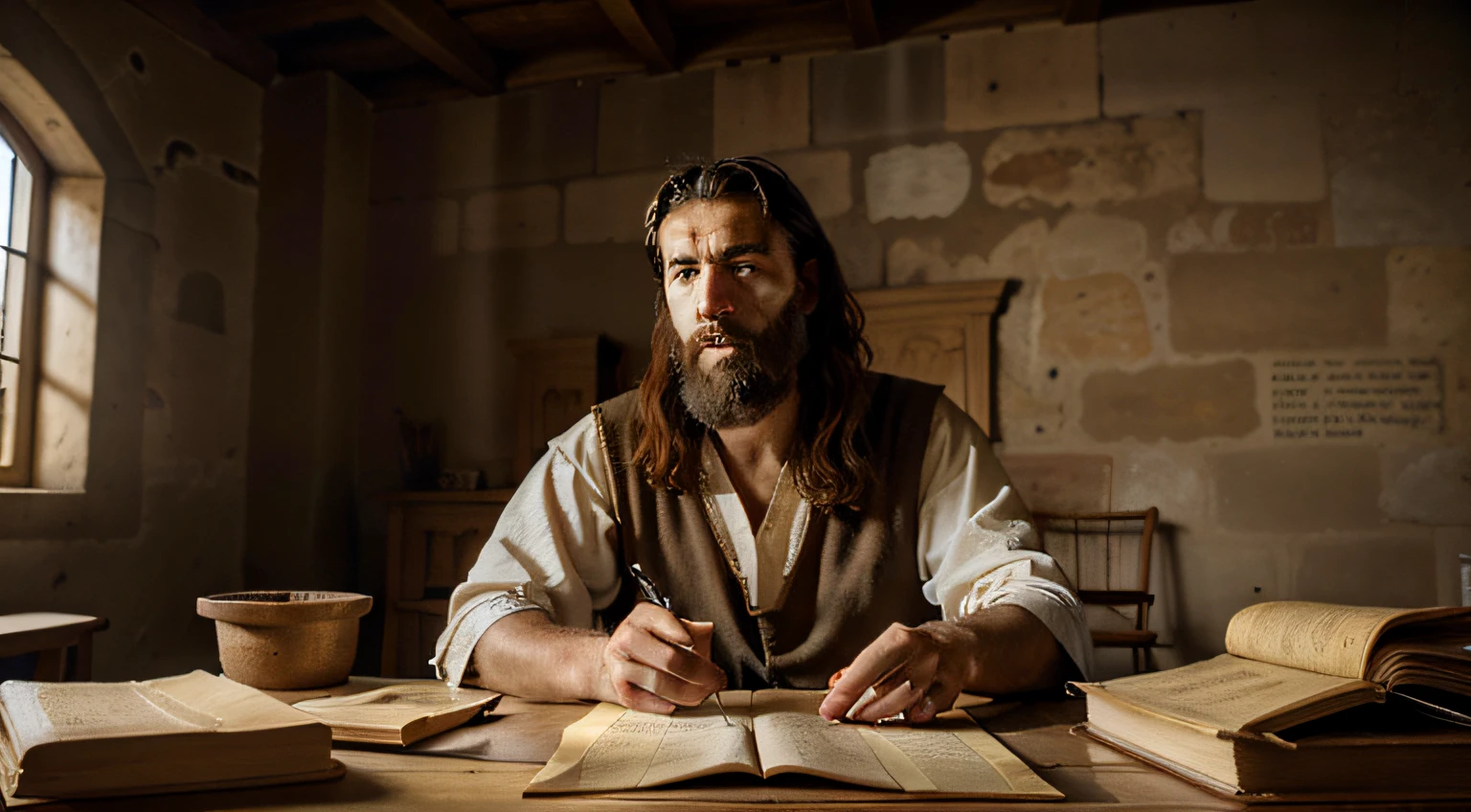 a portrait of Paul the Apostle, seated on a roman prison cell, whriting a letter , ((parchment)), rock prision , ultrarealistic, natural light, high angle shot, one man