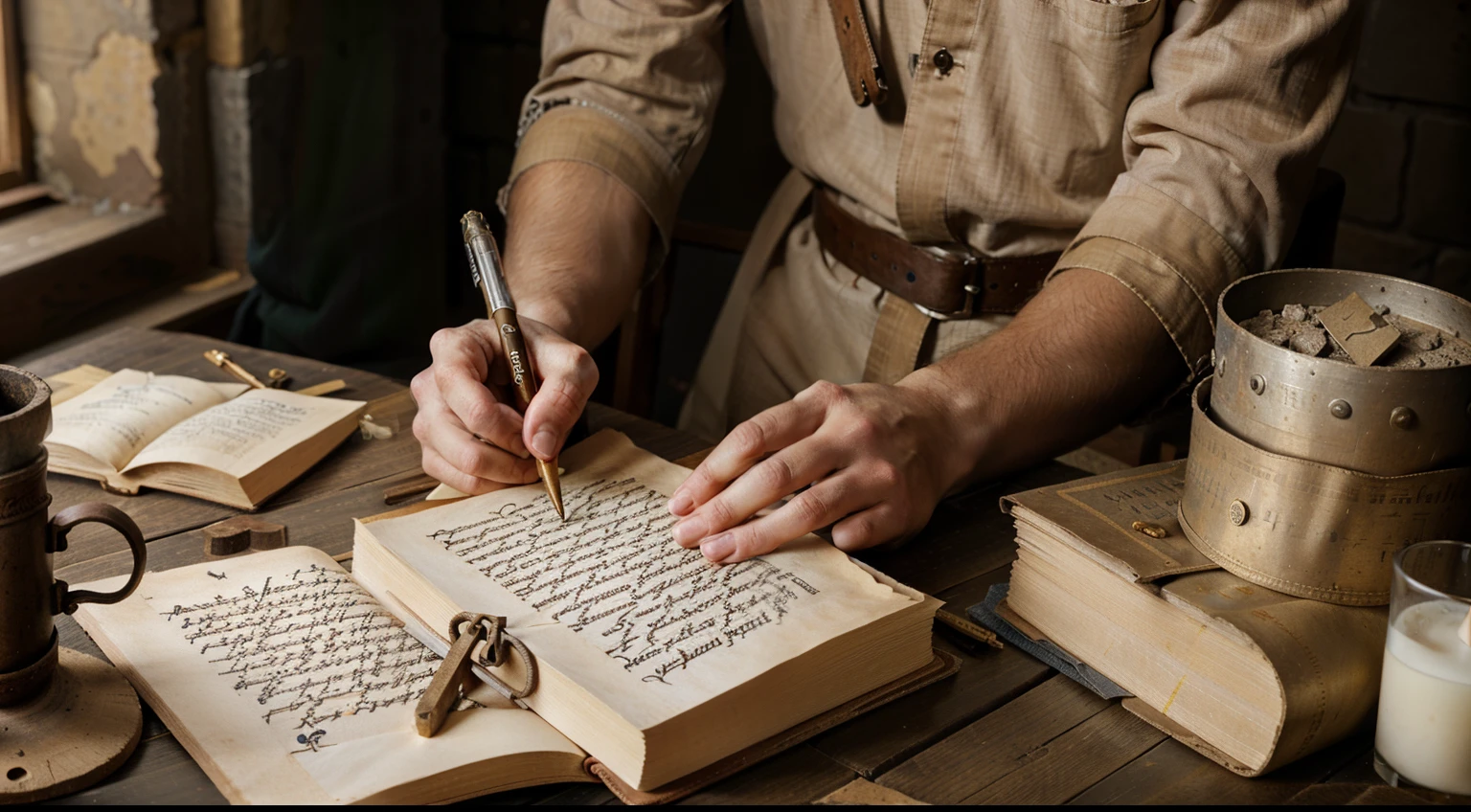 a portrait of Paul the Apostle, seated on a roman prison cell, whriting a letter , ((parchment)), rock prision , ultrarealistic, natural light, high angle shot, one man