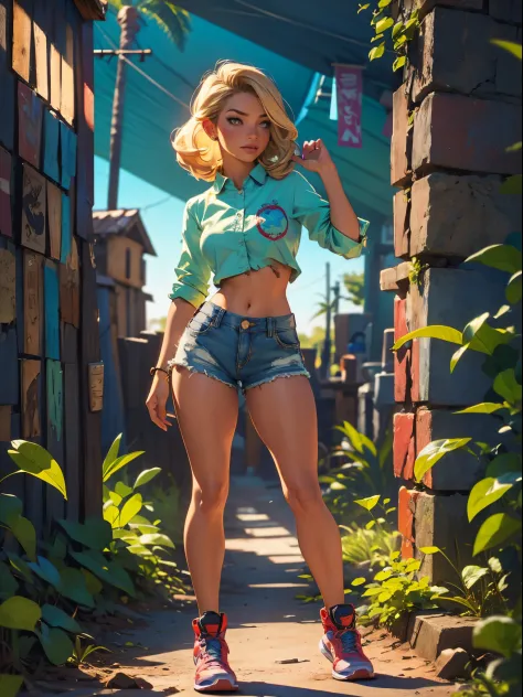 2076 year. The  Ruins of the Wasteland, Female huntress picking fruit in the garden, beautiful face, blonde, badly torn shirt an...