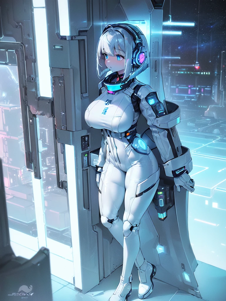 ​masterpiece:1.4, 1girl in ((20yr old, Wearing a futuristic white and silver costume, Tight Fit Bodysuit, long boots, Very gigantic-breasts, Multicolored blonde hair, a short bob, Perfect model body, Blue eyes:1.2, Wearing headphones, Looking out the window of the futuristic sci-fi space station、While admiring the beautiful galaxy:1.2, SFSF control room on night background:1.1, Neon and energetic atmosphere:1.2)) ((Galaxy))Translucent skin,White bodysuit, Mechanical, Cowboy Shot, spaces, Sitting, From  above, Large breasts, bones