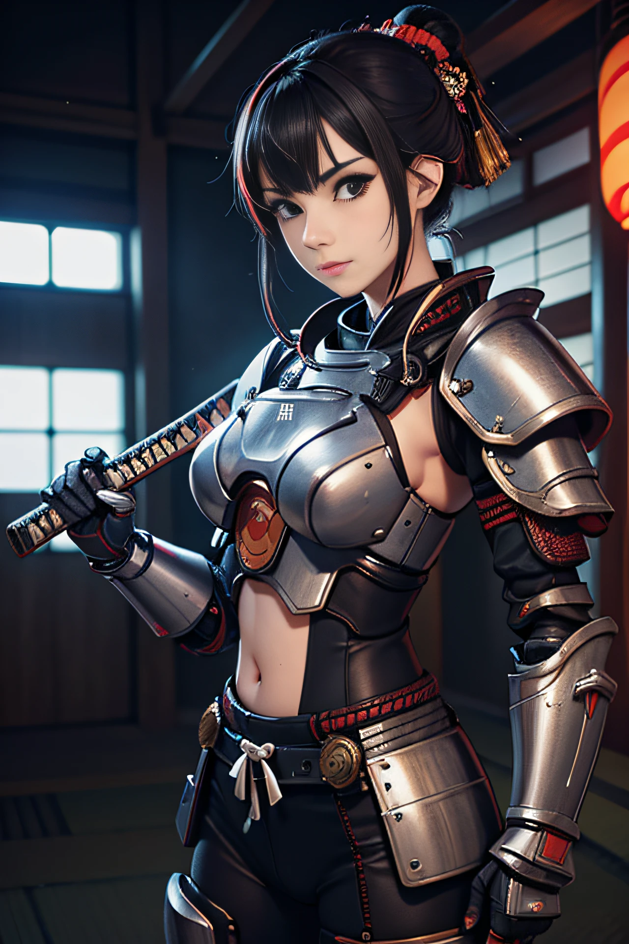 Momotaro, cyberpunk, (Japan Katana, Samurai), 1beautiful girl, wakame, ((mechanical armor)), field of battle, natta, best quality, finest masterpiece, High definition, 16K,