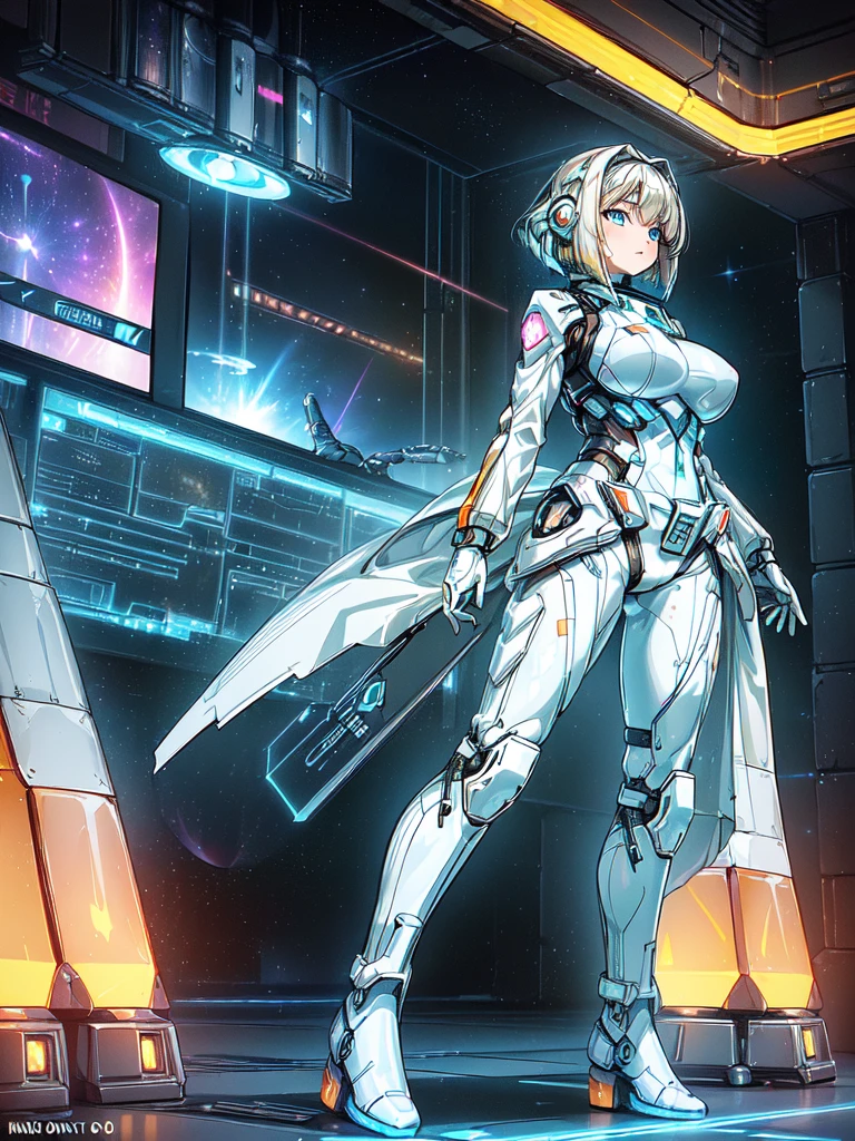 ​masterpiece:1.4, 1girl in ((20yr old, Wearing a futuristic white and silver costume, Tight Fit Bodysuit, long boots, Very gigantic-breasts, Multicolored blonde hair, a short bob, Perfect model body, Blue eyes:1.2, Wearing headphones, Looking out the window of the futuristic sci-fi space station、While admiring the beautiful galaxy:1.2, SFSF control room on night background:1.1, Neon and energetic atmosphere:1.2)) ((Galaxy))