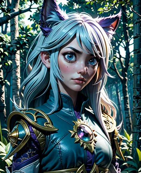 girl holding cat, cat ears, chibi, blue, gold, white, purpple, dragon scaly armor, forest background, fantasy style, (dark shot:...