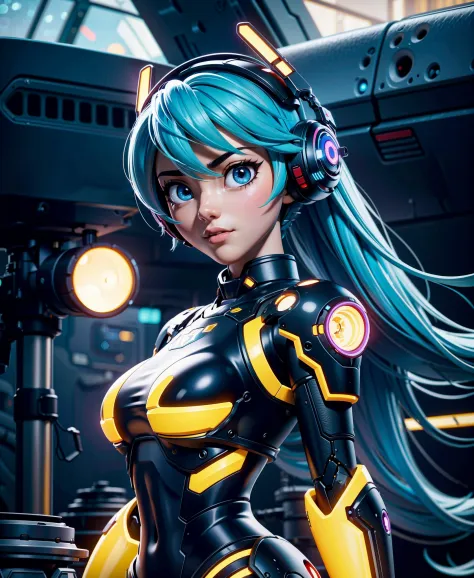 cgmech, beautiful eyes, upper body, underboob,  portrait, robot, armor, Hatsune Miku, neon light, 8K, RAW, best quality, masterp...