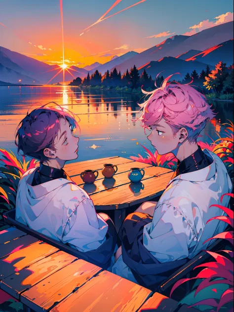 Masterpiece, best quality, high quality, ultra detailed, Two boys sitting together watching the sunrise，shoun，Two teenagers，On t...