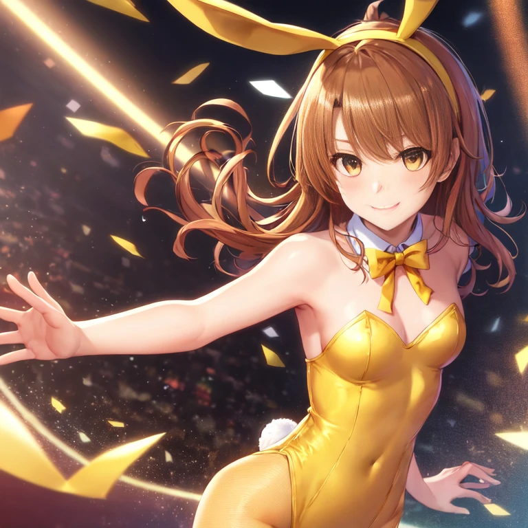 masutepiece, High quality, Best Quality, High resolution, 4K, High Definition, Beautiful lighting, Highly detailed face, well-drawn hands, well-drawn legs, well-drawn feet, (((well-drawn eyes)))，Isshiki Roha, shorth hair, brown haired, Brown-eyed, yellow rabbit ears headband，Yellow Bunny Girl，I&#39;m in a yellow leotard，yellow stiletto heels，Black tights，a bow tie，Smile with closed mouth, Solo，stage