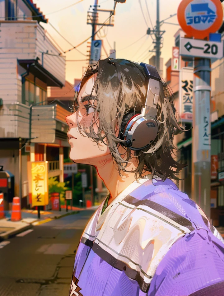 R3DD34Dstyle, pintura digital, Rosto virado pra esquerda, usando headset, cabelos perfeitamente desenhado, street behind man in a city of Japan