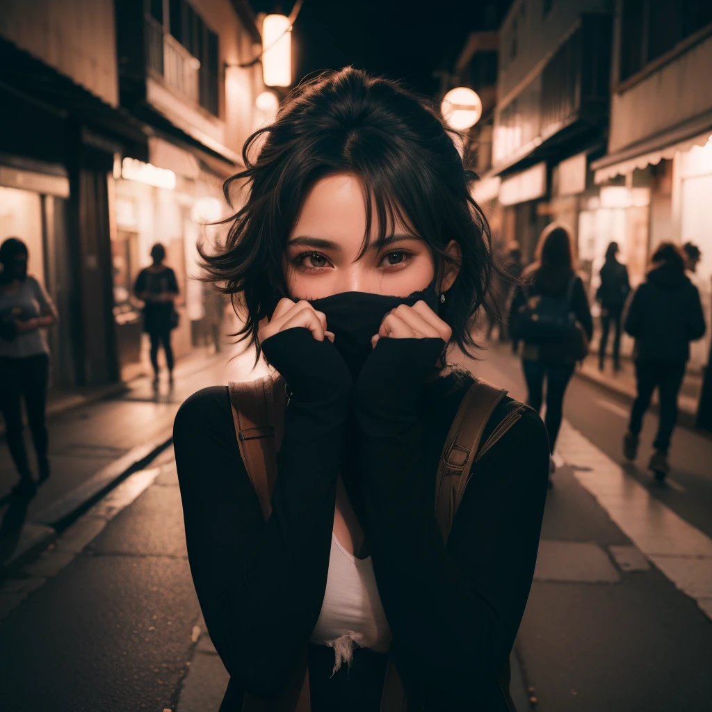 master part, best quality, altamente detalhado,1girl, covering the mouth with the hand, penteado emo, Shy smile, messy hair, seios grandes, , cabelos de cor dividida, Cabelos pretos e brancos, sombra, Batom Preto, street at night, neon lighting