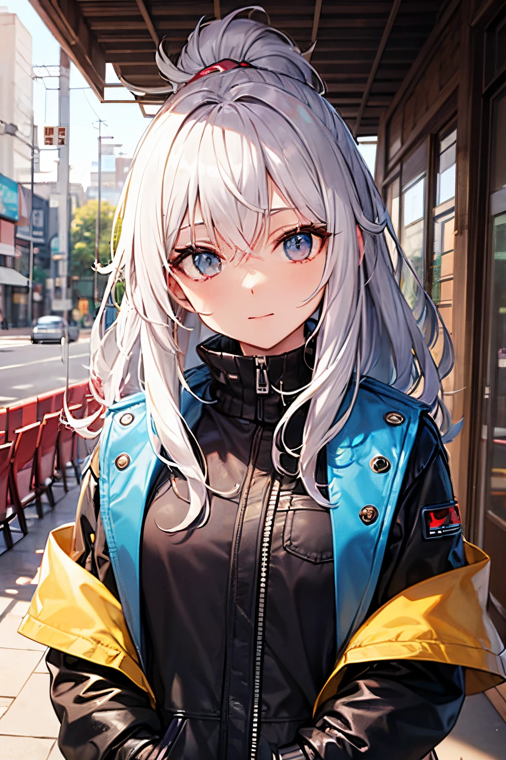 Master Parts, Better image quality, extreme vitality, Anime girl with curly ponytail, Small figure, white functional jacket, Has a small, blue-purple gradient ski goggles, Cyberpunk, white  hair, Natural casual style, dynamic stun...