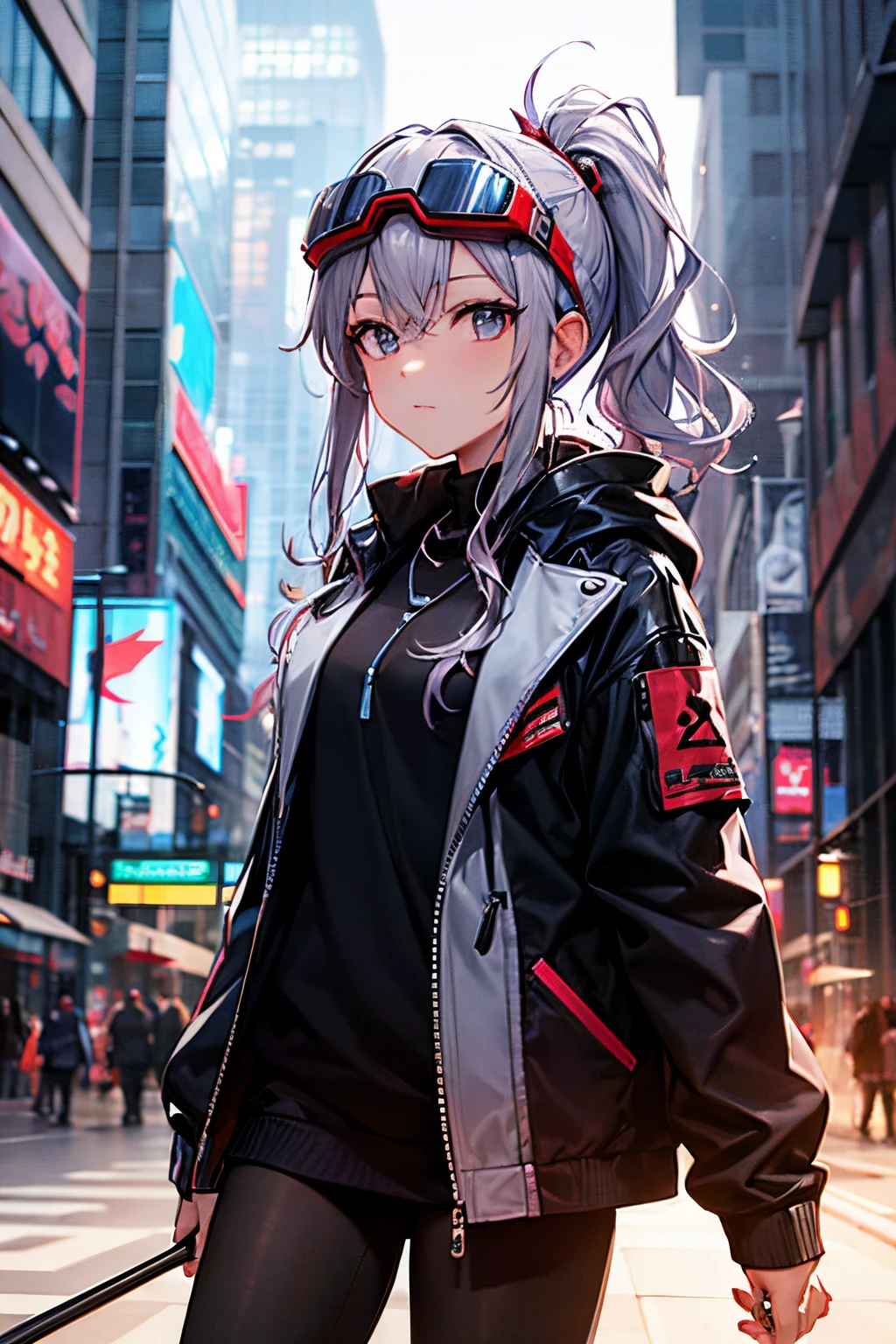 Master Parts, Better image quality, extreme vitality, Anime girl with curly ponytail, Small figure, white functional jacket, Has a small, blue-purple gradient ski goggles, Cyberpunk, white  hair, Natural casual style, dynamic stun...