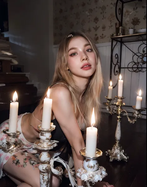Mujer arafed sentada en el suelo con un candelabro y velas., in a room full of candles, con cabello largo y rubio, iluminado con...