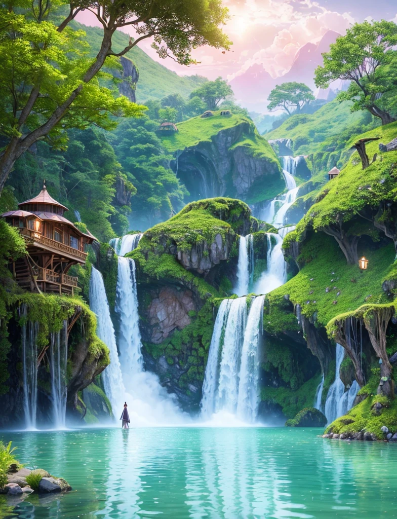 (best quality,4k,8k,highres,masterpiece:1.2),ultra-detailed,(realistic,photorealistic,photo-realistic:1.37), enchanting fairy village, ethereal Appalachian mountains, dreamy misty morning, vibrant neon lights, mesmerizing colors, whimsical architecture, intricate flower gardens, shimmering butterfly wings, mystical fog, mystical creatures, nostalgic 80s vibes, neon-lit streets, neon-pink sunsets, serene waterfalls, magical atmosphere, harmonious blend of nature and technology, ancient trees covered in glowing moss, twinkling fairy dust, floating lanterns, glowing mushrooms, peaceful winding pathways, hidden secret passages, breathtaking mountain peaks, rustic wooden cottages, rusty machinery overgrown with foliage, retro arcade games, starry night sky, enchanting soundtrack, intriguing storytelling, surreal dreamscape, surreal reflections, sparkling crystals, pastel color palette, soft pastel hues, hazy pastel skies, soft glowing light, serene and peaceful ambiance, a sense of mystery and wonder, magical energy flowing in the air, tranquil and otherworldly, nostalgic synthesizer melodies, mist-covered lake, fairies with long flowing hair, flowing ethereal dresses, playful woodland animals, a sense of harmony and balance, an escape from reality, a fusion of fantasy and technology, a journey into the unknown, a magical oasis in the mountains.