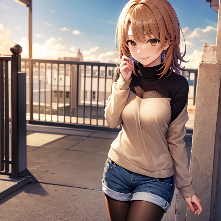 Isshiki Roha, shorth hair, brown haired, wetting hair，Brown-eyed, large size sweater, shortpants，A smile, Solo，black pantyhose king，muffler，outside of house，Cold sky