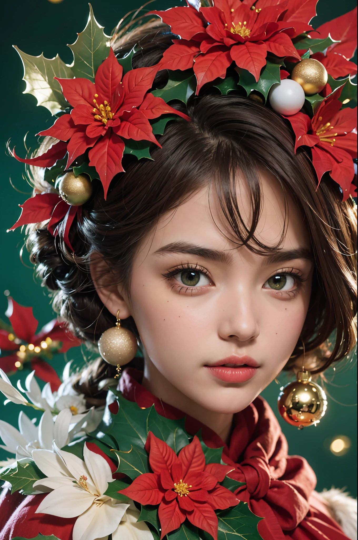 Beautiful girl with a wreath of flowers on her head, christmas night, christmas ornaments, brown eye tree, a green hair, (Beautiful face details), intricate detailed, Portrait of a female man, very high details, Realistic photos, 8k, UHD, hyperdetailed, (Dynamic Poses:1.4),