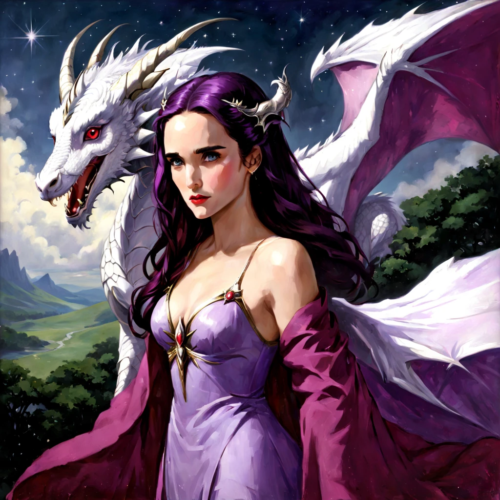 Queen of the White Dragon, mulher madura jovem, "Jennifer Connelly", Orelhas longas de elfos, elegant lilac Ruby dress, mama grande, Curvy, dragon ling vawy hair, Cabelos Super Longos, soft facial features, White dragon horns on his head, Mulher majestosa, silver decoration on her ruby lilac dress, Rainha Estrela Prateada, Grandes olhos azuis, cherry lips, White dragons, starly sky