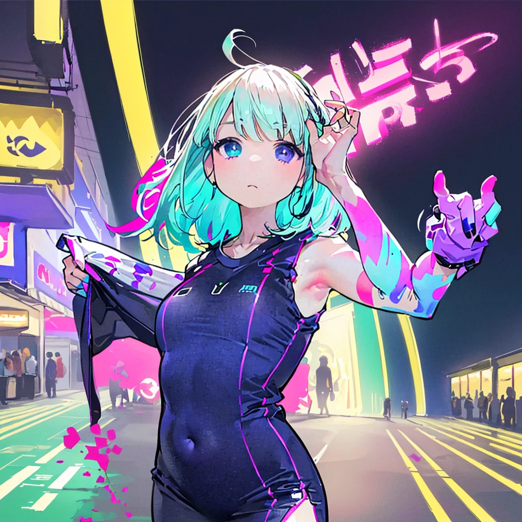 cute little cartoon ,(((small tiny body,petite))),(((6 years old))),((extremely cute and beautiful liquid paint hair haired anime girl walking down the street)), (((flat chest))),saggy breasts,short hair,(((liquid paint hair:1.1,neon purple hair|neon pink hair|neon blue hair|neon aqua hair|purple hair|fuchsia hair|fluorescent blue hair|amethyst hair|neon hair|bright pink hair :1.5,bright hair: 1.3,hair made of paint and defies gravity,thick flowing,paint splatter:1.3,shiny hair: 1.3,vibrant colored hair))),((heterochromia,eye1 purple,eye2 pink,upturned eyes:1.erfect eyes,beautiful detailed eyes,rainbow glows ultra-detailed deep pink purple eyes:1.1,gradient eyes:1,finely detailed beautiful eyes:1,symmetrical eyes:1,big highlight on eyes:1.2)),((fat)),(((lustrous skin:1.5,bright skin: 1.5,skin tanned,shiny skin,very shiny skin,shiny body,plastic glitter skin,exaggerated shiny skin))),(delicate detailed fingers,detailed body,detailed arms,human hands), cute,slutty,seductive,erotic,(((nsfw))), revealing clothing,show skin,(wearing a Neon color theme clothing:1.3,micro clothes,little clothing,fluorescent and neon clothing,rave fashion,micro crop top,micro skirt,visible thong straps,accessories LED,detailed outfit,detailed clothes), (dynamic pose:1.0),solo focus,embarrassed,centered,scale to fit dimensions,Rule of thirds, outdoors,((night view)),(very pretty city neon synthwave,cyberpunk night street Background:1.5,dark sky,thick clouds),((neon lights)),(cyberpunk style,neon lights, (synthwave theme background), lonely street),(((detailed background:1.25))), (best quality),(high resolution),(sharp focus),(ultra detailed),(extremely detailed),(extremely high quality artwork),8k_wallpaper,(extremely detailed CG 8k),(very fine 8K CG),((hyper super ultra detailed perfect piece)),flawlesasterpiece))),illustration,vibrant colors,(intricate),High contrast,Selective lighting,Double exposure,HDR (High Dynamic Range),Post-processing,Background blur,