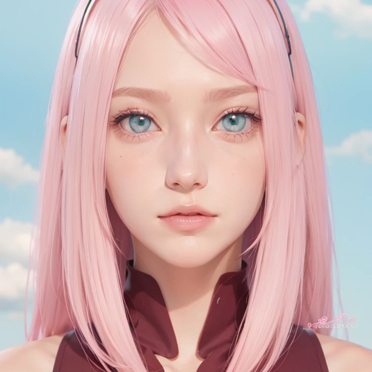 young woman, porcelain skin, short bubblegum pink hair, wide forehead, thin pink eyebrows, big emerald green eyes, buttoned nose, big peach lips, heart-shaped face, long thin neck, red clothes, bare shoulders, Sakura Haruno black, realism, 3d, sunset