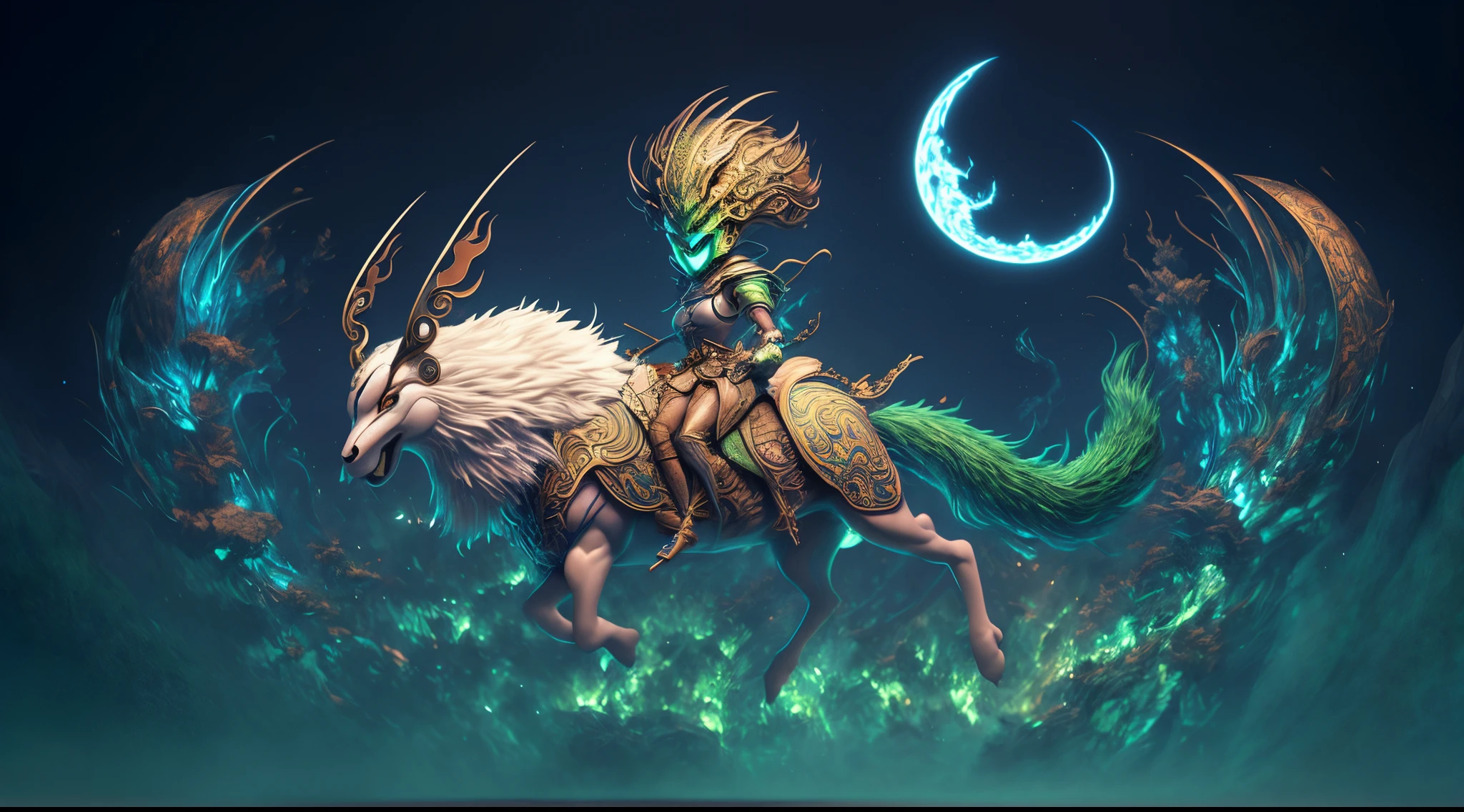 riding a creature、green tail，Girl in mask，illustration, Studio Ghibli style ghosts, concept-art, Detailed digital 2D fantasy art, Digital 2D Fantasy Art, Magic Fantasy 2D Concept Art, spirit fantasy concept art, Cute and detailed digital art, Concept Art of Game, very coherent stylized artwork