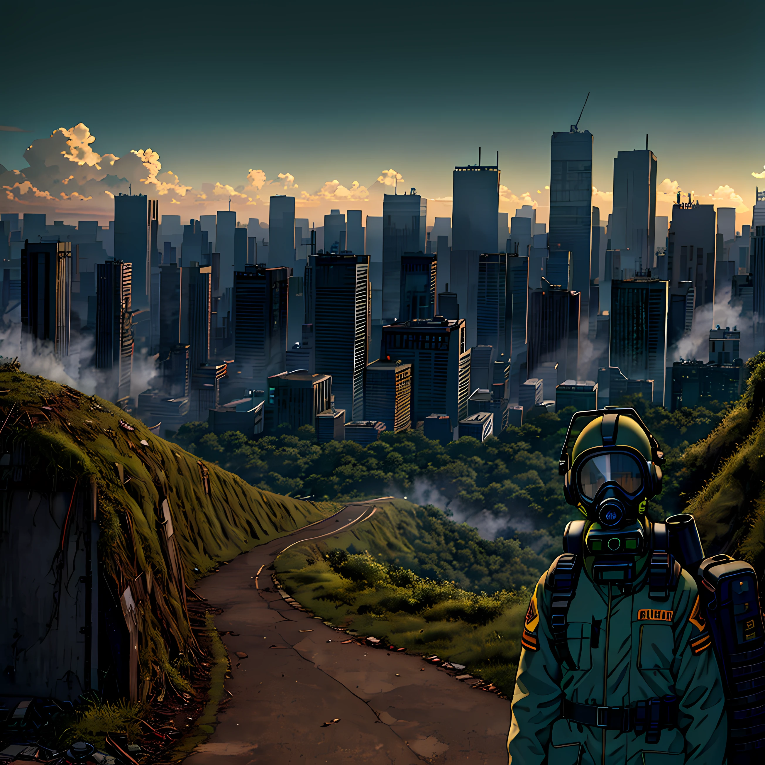 (Ultra detailed), (masterpiece), (best quality), (very detailed CG unit 8k wallpaper), a man in hazmat gas mask suit exploring abandoned city, following the road, polluted, abandoned, (green sky), neglected, dawn, concept art, (small growths of tiny shiny fungi, roots, spores, polluted air), (greenish sky), dark, post-apocalypse, cinematic, highly detailed, stylized wallpaper