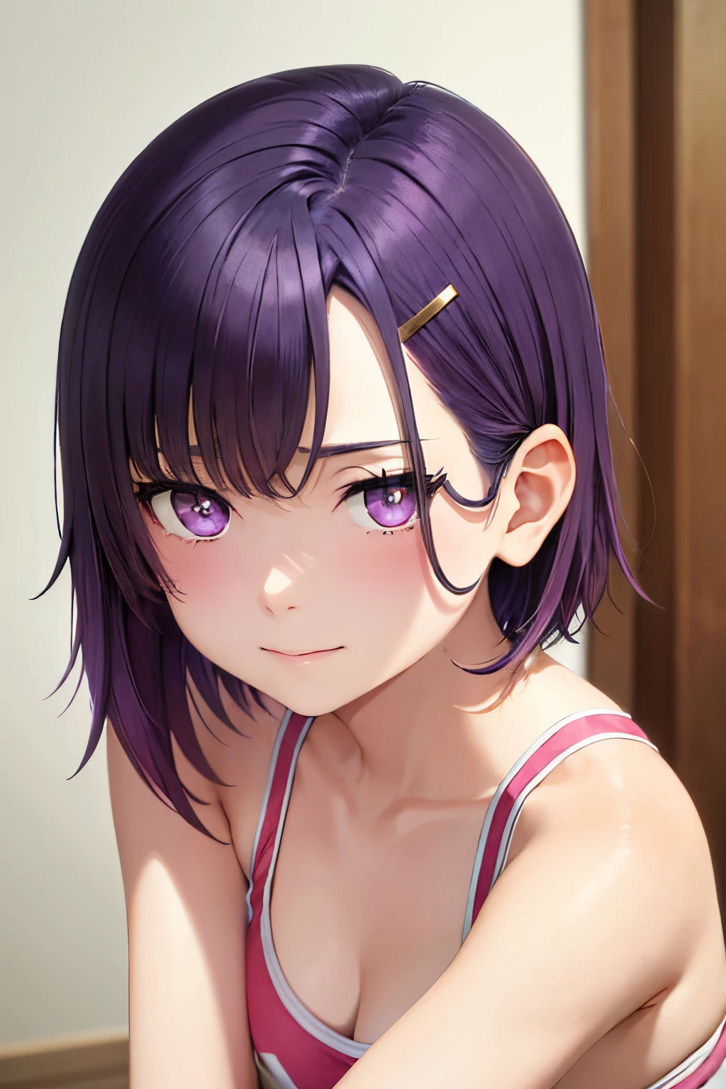 Masterpiece、top-quality、girl1、ultra-detailliert、Mikazuki Shizuka、low gaze　Purple hair、short-hair、hair clips　Purple Eyes　red blush　Sportsbra　all-fours、Faces close、Facial Close-up