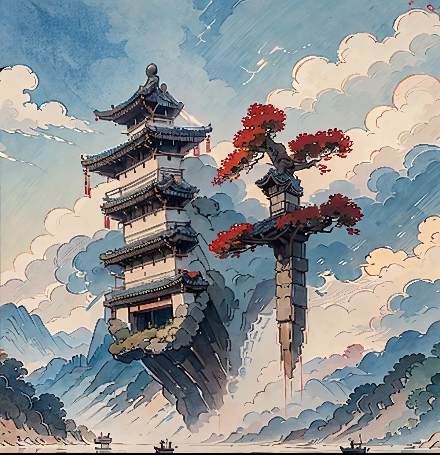 (Depth  of  field  effect)  (Chinese  ancient  architecture  group  on  isolated  island),  (Tower,  Building)  (Pavilion,  miscellaneous  trees,  Clouds,  green  trees,  maple  trees,  red  trees,  small  stones,  small  birds),  Chinese  watercolor  style,  (Chinese  painting  style),  Chinese  landscapes,  Traditional  Chinese  watercolor  paintings,  Chinese  paintings,  watercolor  8K,  (reflections),  clear  boundaries  between  light  and  shadow,  light  and  shadow,  light  and  shadow  effect,  masterpiece,  super  details,  epic  work,  ultra  high  definition,  high  quality,  very  detailed,  official  art,  unified  8K  wallpaper,  super  details，Contrast between light and dark.