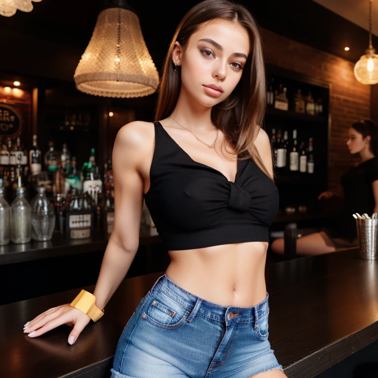 a woman in a black top and jeans shorts posing at a bar, a portrait by Niko Henrichon, reddit, renaissance, anna nikonova aka newmilky, casual pose, attractive girl, very attractive and beautiful, side pose, portrait sophie mudd, , attractive pose, cute elegant pose, beautiful model girl, stunning elegant pose