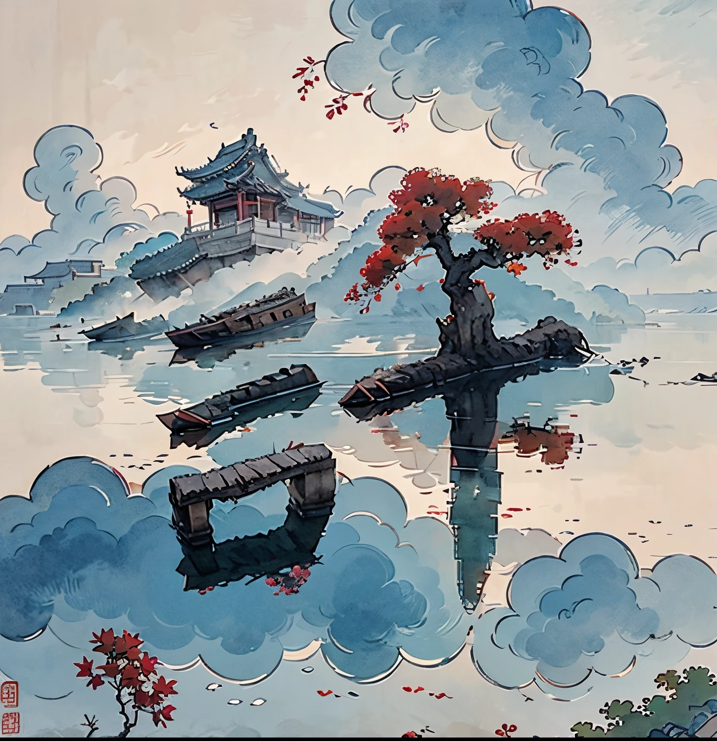 (عمق التأثير الميداني)  (مجموعة الهندسة المعمارية الصينية القديمة في جزيرة معزولة),  (برج,  مبنى)  (جناح,  أشجار متنوعة,  سحاب,  اشجار خضراء,  اشجار القيقب,  أشجار حمراء,  الحجارة الصغيرة,  الطيور الصغيرة),  أسلوب الألوان المائية الصينية,  (أسلوب الرسم الصيني),  المناظر الطبيعية الصينية,  اللوحات المائية الصينية التقليدية,  اللوحات الصينية,  ألوان مائية 8K,  (خواطر),  clear  boundaries  between  ضوء وظل,  ضوء وظل,  ضوء وظل  effect,  تحفة,  تفاصيل فائقة,  عمل ملحمي,  عالي الجودة,  جودة عالية,  مفصل جدا,  الفن الرسمي,  خلفية 8K موحدة,  تفاصيل فائقة，التناقض بين الضوء والظلام.