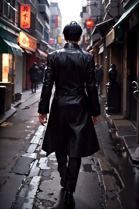 Asian man walking backwards on a street wearing a black coat