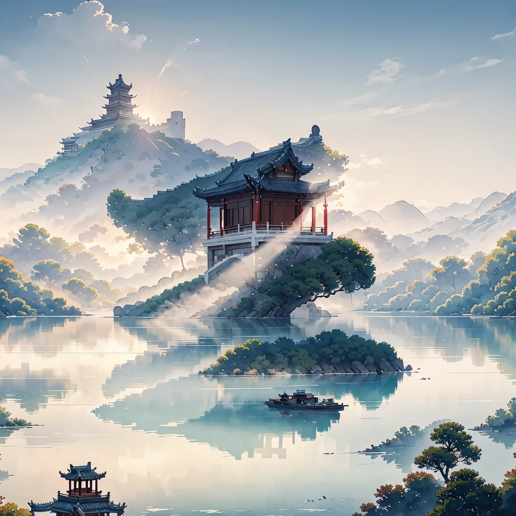 (Depth  of  field  effect)  (Chinese  ancient  architecture  group  on  isolated  island),  (Tower,  Building)  (Pavilion,  miscellaneous  trees,  Clouds,  green  trees,  maple  trees,  red  trees,  small  stones,  small  birds),  Chinese  watercolor  style,  (Chinese  painting  style),  Chinese  landscapes,  Traditional  Chinese  watercolor  paintings,  Chinese  paintings,  watercolor  8K,  (reflections),  clear  boundaries  between  light  and  shadow,  light  and  shadow,  light  and  shadow  effect,  masterpiece,  super  details,  epic  work,  ultra  high  definition,  high  quality,  very  detailed,  official  art,  unified  8K  wallpaper,  super  details，Contrast between light and dark.