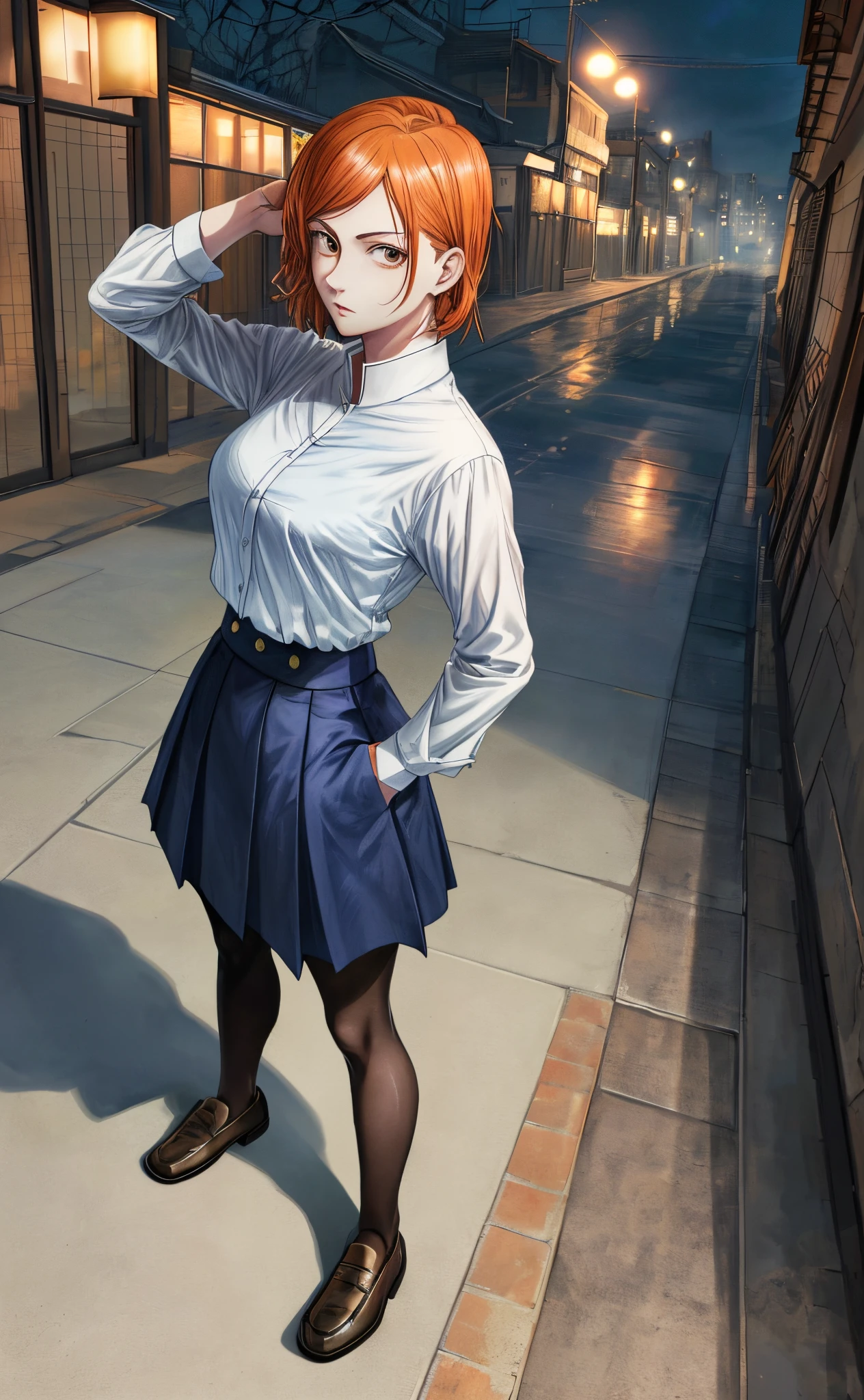 [nobara kugisaki], [jujutsu kaisen], ((masterpiece)), ((HD)), ((high res)), ((beautiful render art)), ((solo portrait)), ((front view)), ((full body)), ((anime)), ((detailed shading)), ((intricate details)), {attractive woman, (slim figure), cute brown eyes, short orange hair, short eyelashes, (curvy hips), (beautiful legs), (expressionless)}, {(blue long sleeve shirt), (white button-up shirt under clothes), (long blue skirt), (black pantyhose), (brown loafers)}, {(standing), (looking at viewer)}, [Background; (school yard), (nighttime), (grey sky), (fog), (ambient lighting)]