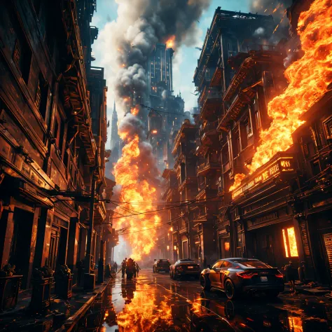 flames are seen in the streets of a city during a fire, destroyed city on fire, riot in a cyberpunk city, post - apocalyptic cit...
