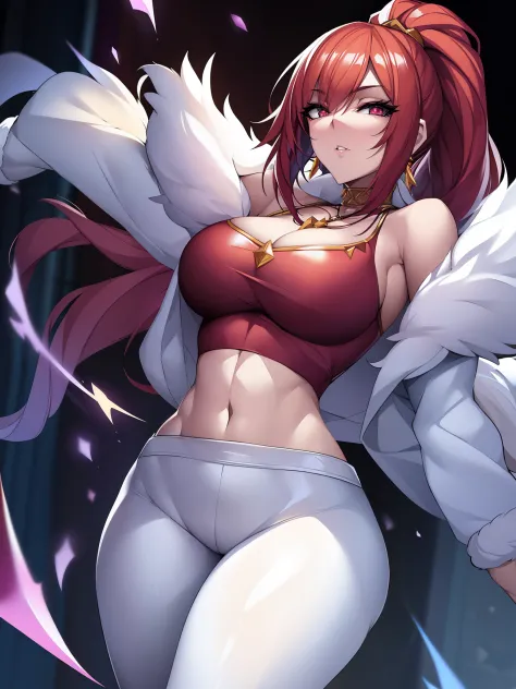 Akari K de Prestige, 1girl in, Solo, Long hair, breasts, Looking at Viewer, Jewelry, medium breasts, Red hair, Necklace, Hair over one eye, Lips, makeup, White cap, Upper body, Epic Light, croptop, Fur trim, Jacket, concert hall, Standing, White Gloves, Wh...