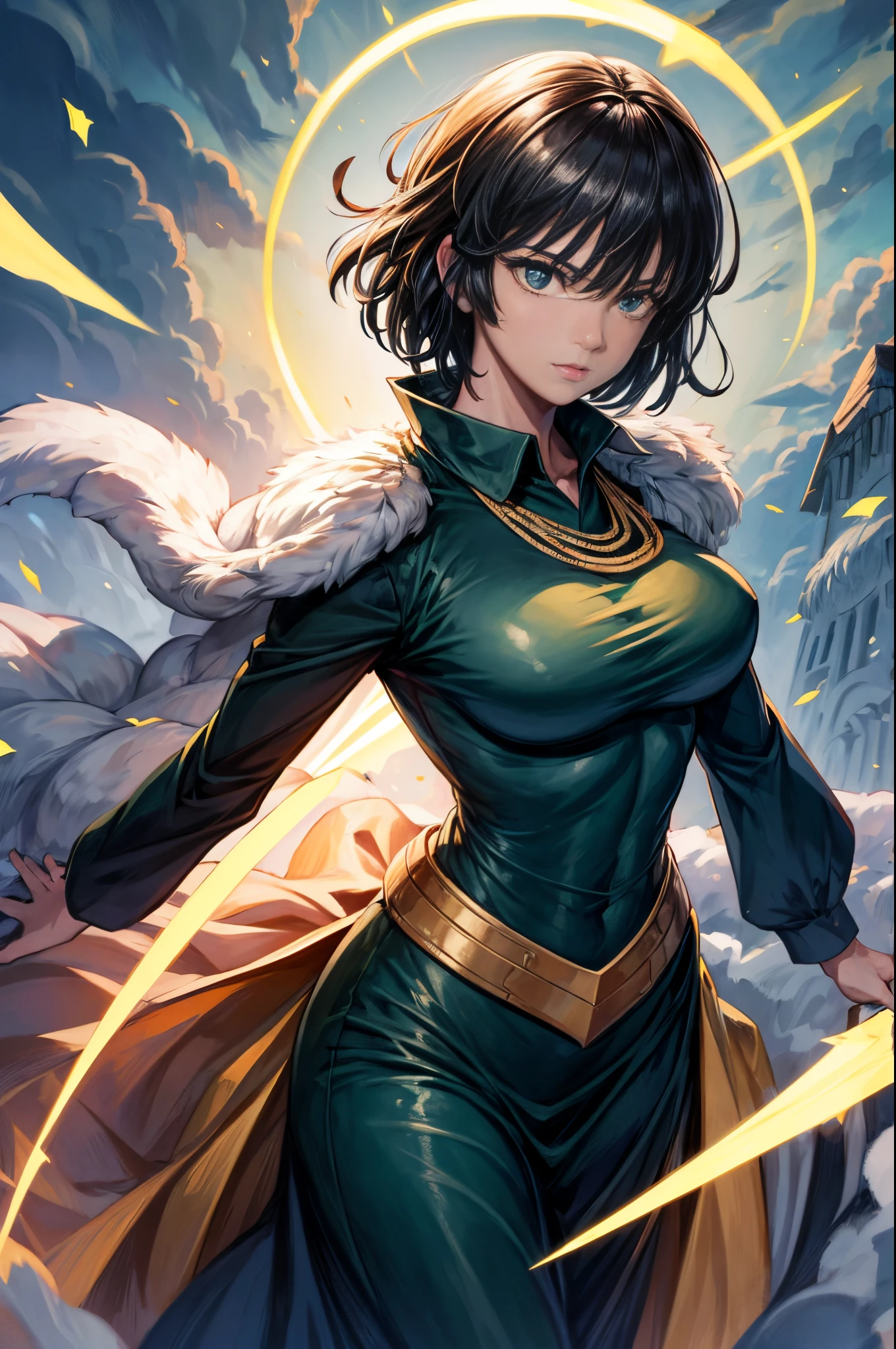 fubuki, pecho hacia arriba, Armadura de luz dorada por todo su cuerpo, Mirando hacia arriba desde la cámara, Paseando por las calles medievales.