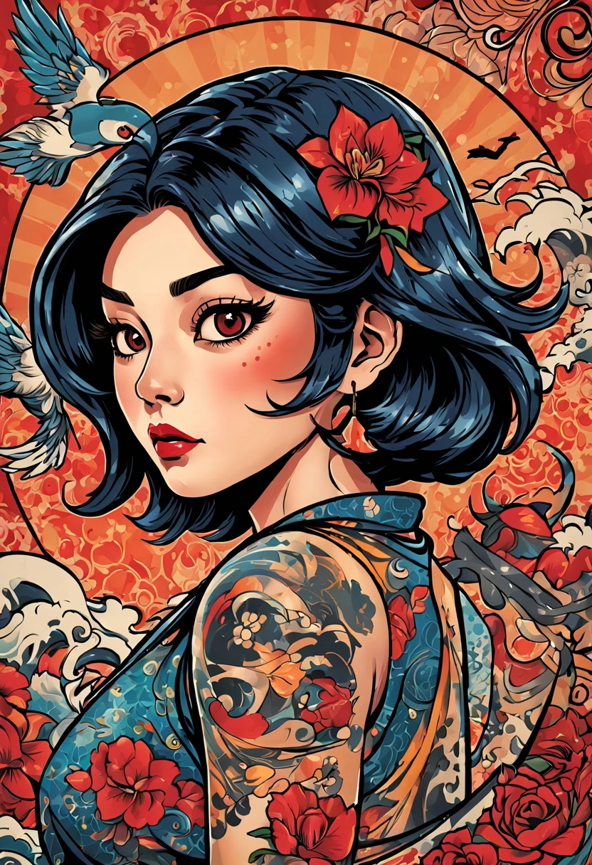 Japonese Woman Old School tattoos style, comic book, cartoon, linocute, mix media, collage, vector for t-shirt, mosaic effect, 3D, high resolution, 4k, by Luiza Lima