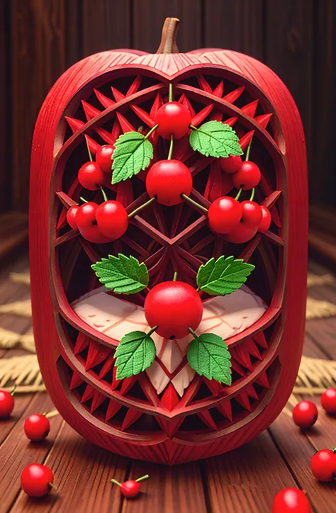 symmetrical wooden carved fruitynightmare Red currant, wood shavings, vibrant colorful wet paint, octane render, unreal engine, highly detailed, intricate