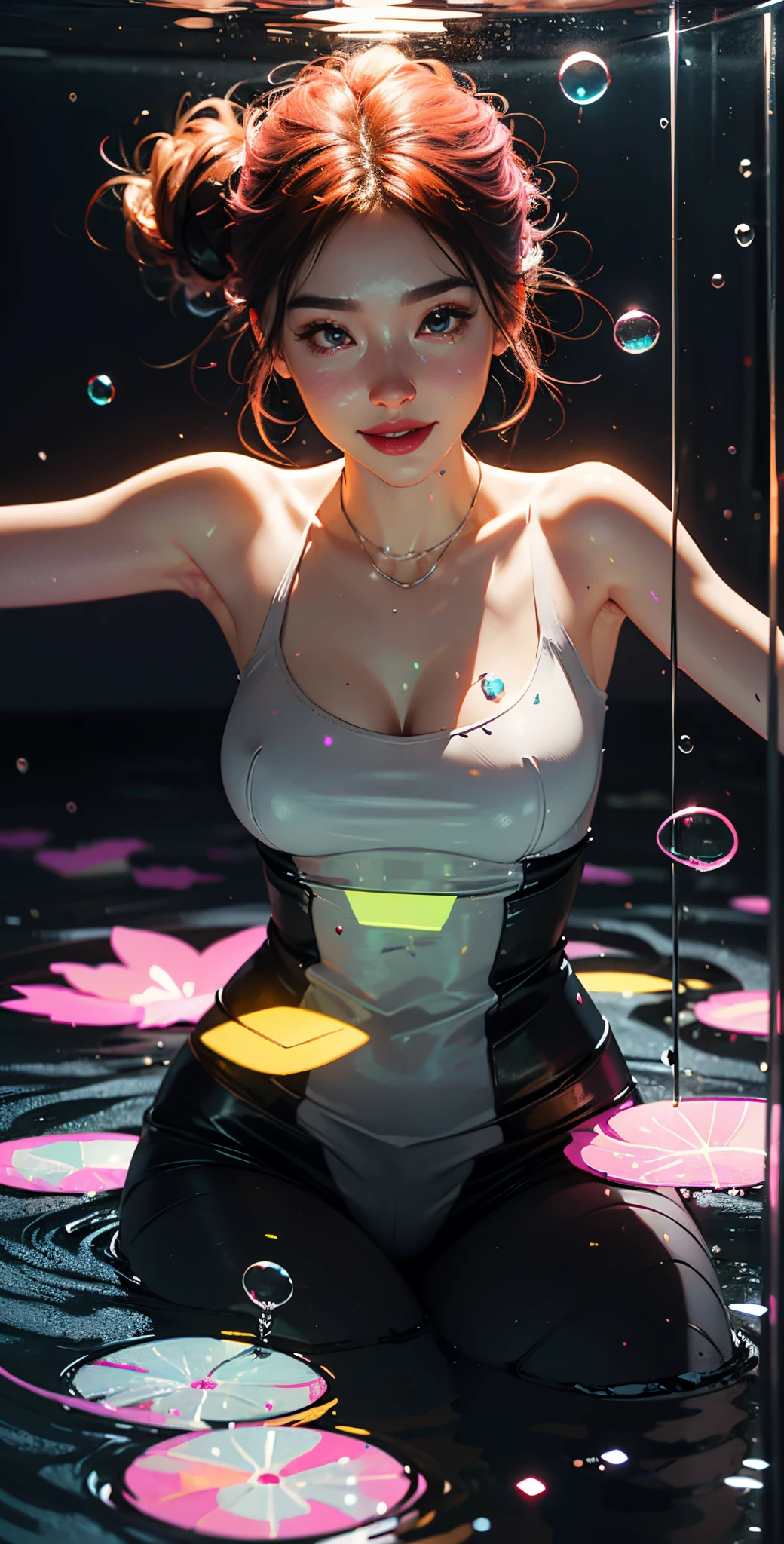 a glowing head made of glass and a glowing body made of glass, beautiful face, detail face, full body (breast), long legs, nice smile, good arms and hands, pink neon glowing lights, water bubbles, amazing particles pulling out of the glass head and body, like droplets of glass floating, 8k highly detailed digital art, intricate artwork, octane render, mind-bending digital art, breathtaking digital art, 3d digital art, 8k hd wallpaper, volumetric lighting, highly reflective glass particles