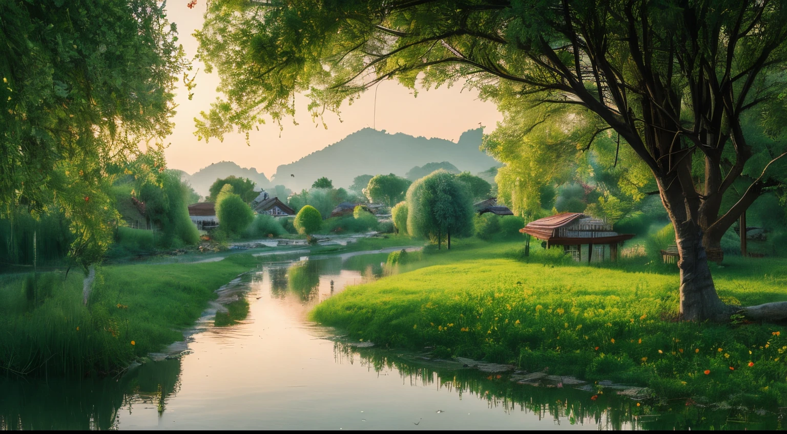 At dusk, green trees, willows flying, surrounded by blue water, small bridges and flowing water, antique color, floral fragrance, warm as jade, birds singing and flowers, water town paintings, leisurely, real photography, 16K resolution