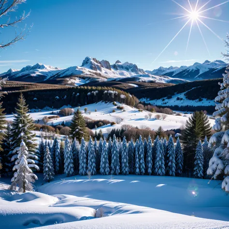 (a winter wonderland, snowy landscape, ultradetailed, realistic, cold color tone, soft lighting), snow-covered trees, sparkling ...