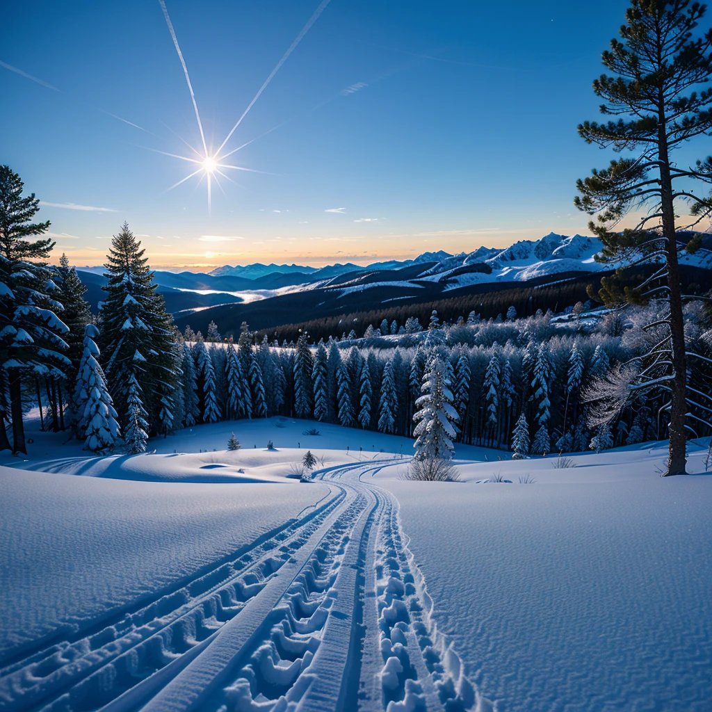 (a winter wonderland, snowy landscape, ultradetailed, realistic, cold color tone, soft lighting), snow-covered trees, sparkling ice crystals, misty breath in the air, delicate snowflakes falling, frozen lake, cozy cabin with smoke coming out of the chimney, warm glow from the windows, fresh footprints in the snow, snow-capped mountains in the distance, icicles hanging from the branches, serene and peaceful ambiance, subtle shades of blue and white, soft shadows cast by the moonlight, crisp and clean air, sense of tranquility and wonder.