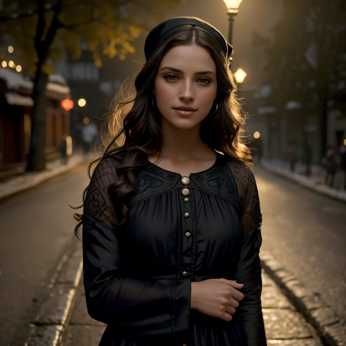 (sharp focus:1.2), Photo, young and attractive KariDulcecara beautiful:1.1), detailed eyes, delicious lips, (cat eye makeup:0.85), (They are smiling:1.2), Dressing (dress:1.2) in a (night street:1.2). (moody lighting:1.2), depth of field, bokeh, 4k, HdR. by (James C. Christensen:1.2|Jeremy Lipking:1.1).