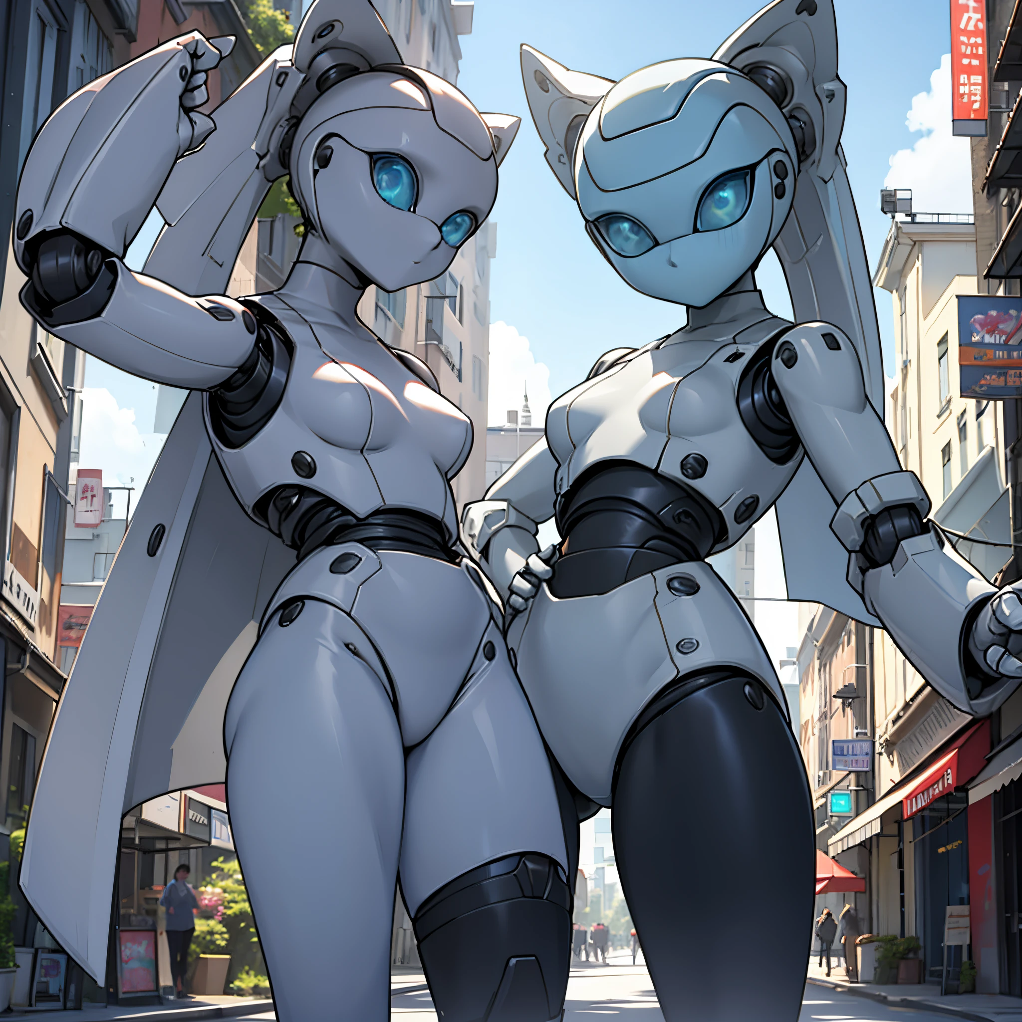 Beautiful and detailed image, drossel von flügel, woman, robot, white skin, smile, blue eyes, looking at the viewer, small breasts, 4k, masterpiece, best quality, solo, single character, high detail, drossel, twintail, (no mouth), big eyes, full-length, standing, street, white city, future, science fiction, legs, metal hair